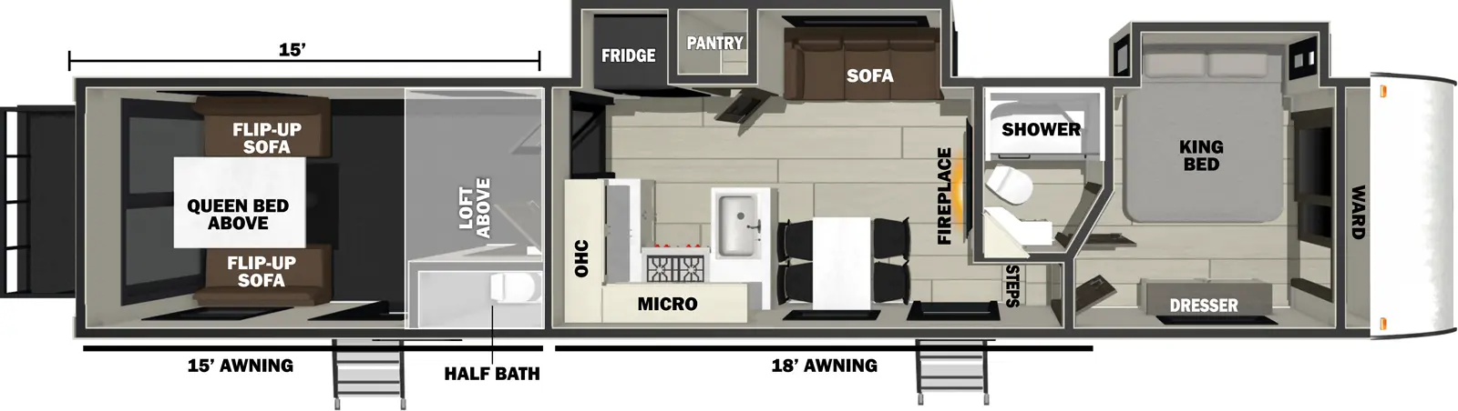 The Vengeance Rogue Armored 4015 floorplan is a toy hauler that has two entries and two slide outs. Exterior features include: fiberglass exterior and 15' & 18' awning. Interiors features include: loft, free-standing dinette option, front bedroom and bathroom and a half.